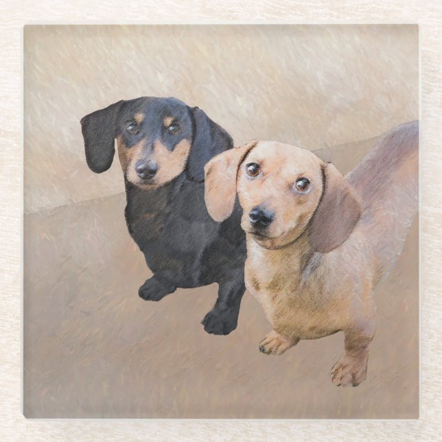 Dachshund (Smooth) Painting - Original Dog Art Glass Coaster (Front)