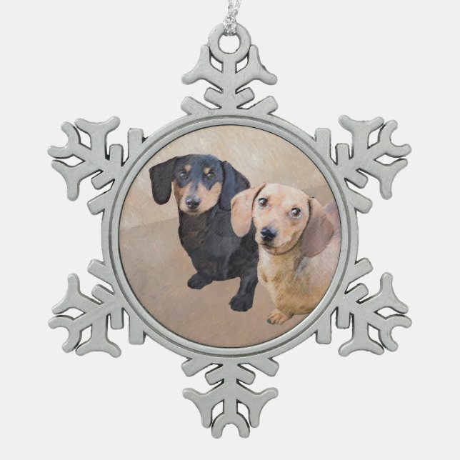Dachshund (Smooth) Painting - Original Dog Art Snowflake Pewter Christmas Ornament (Front)