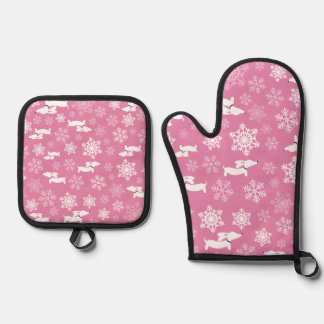 Dachshund & Snowflake Christmas Pink Oven Mitt & Pot Holder Set