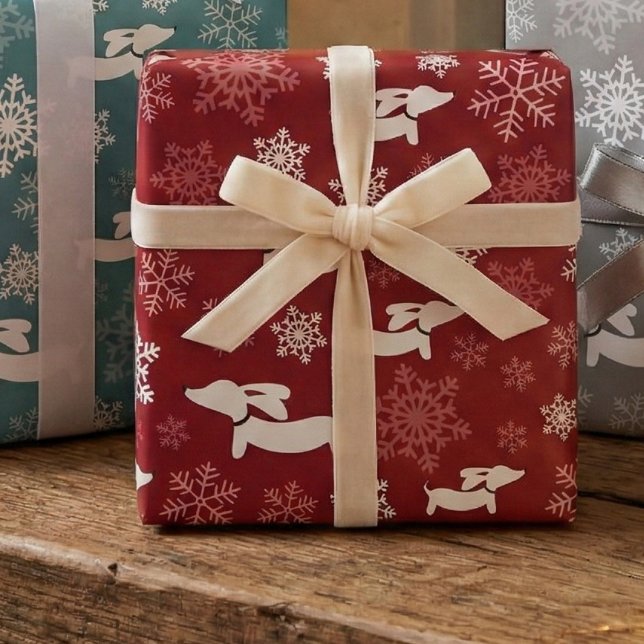 Dachshund Snowflakes Red Wrapping Paper Christmas (Red dachshund snowflakes and wiener dog wrapping paper)