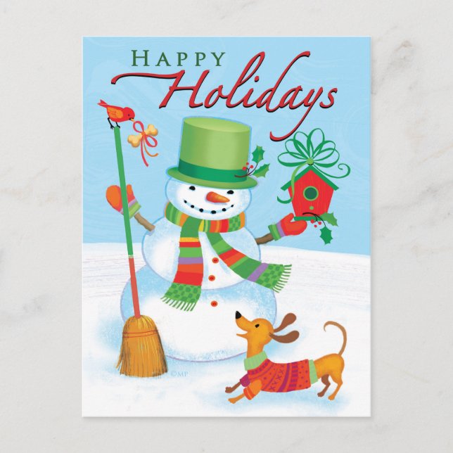 Dachshund Snowman Joyeuses Vacances Red Bird Carte (Devant)