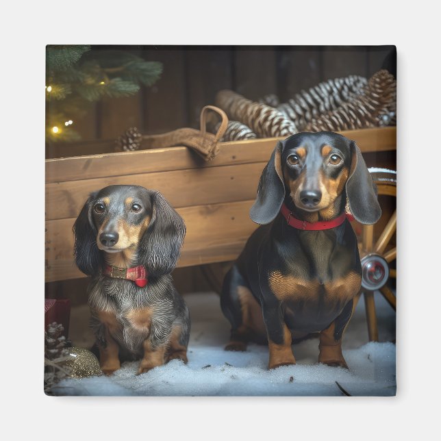 Dachshund Snowy Sleigh Christmas Decor Magnet (Front)