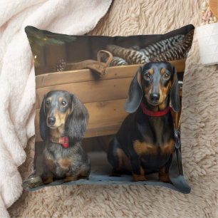 Dachshund Snowy Sleigh Christmas Decor Throw Pillow