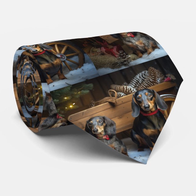 Dachshund Snowy Sleigh Christmas Decor Tie (Rolled)