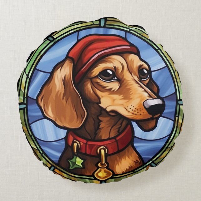 Dachshund Stained Glass Christmas Round Pillow (Back)