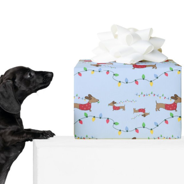 Dachshund Stealing Christmas Tree Lights Gift Wrap (Dachshund-themed gift wrap for Christmas - great for wiener dog moms or sausage dog dads)