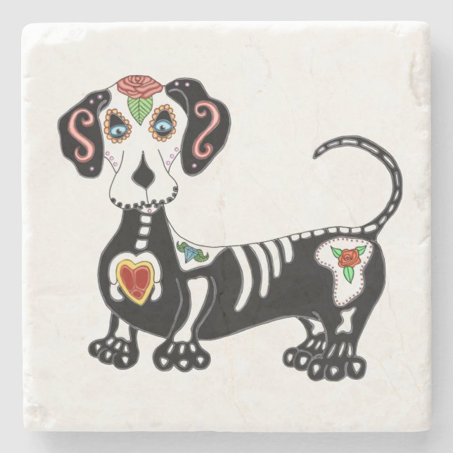 Dachshund Sugar Skull Stone Coaster (Front)