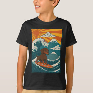 Dachshund Surfing Japanese Wave Weiner Dog T-Shirt