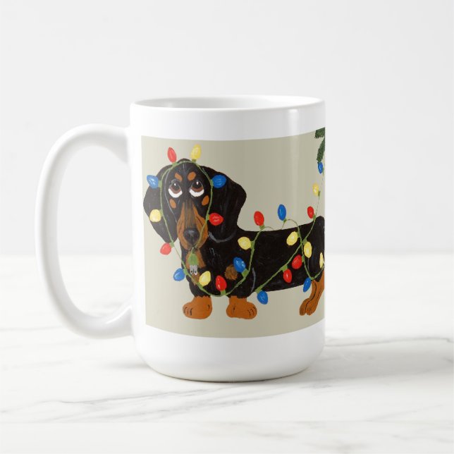 Dachshund Tangled In Christmas Lights Blk/Tan Coffee Mug (Left)