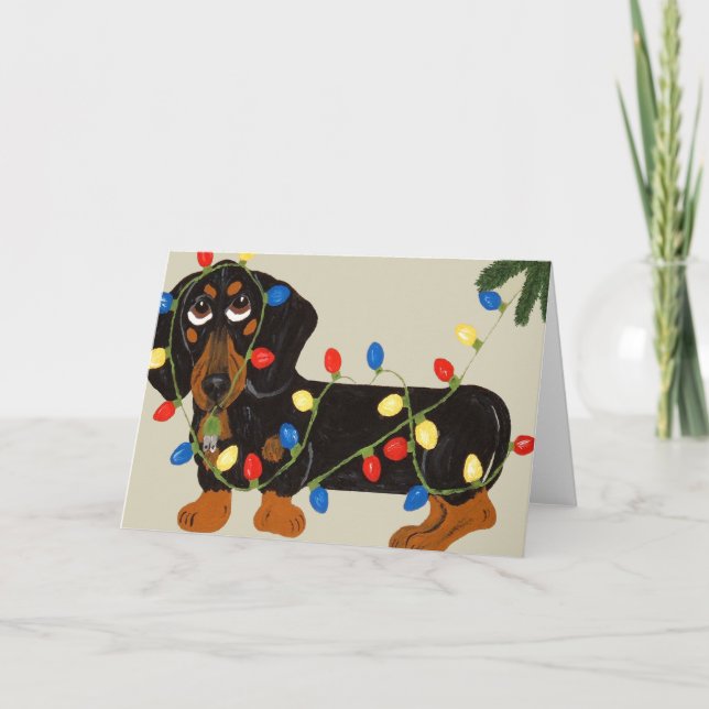 Dachshund Tangled In Christmas Lights Blk/Tan Holiday Card (Front)