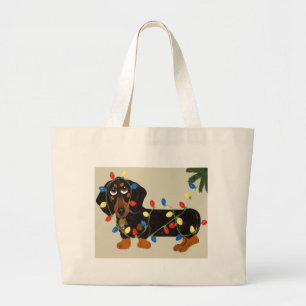 Dachshund Tangled In Christmas Lights Blk/Tan Large Tote Bag