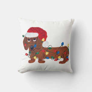 Dachshund Tangled In Christmas Lights Throw Pillow