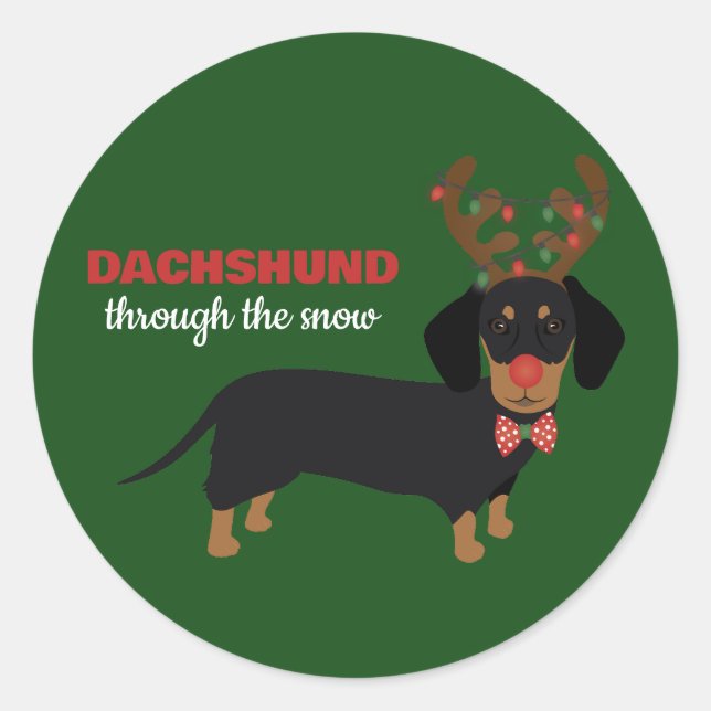 Dachshund Through Snow Cute Doxie Reindeer Dog Classic Round Sticker (Front)