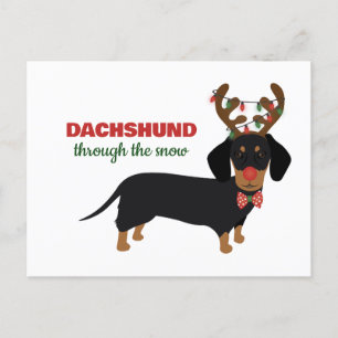 Dachshund Through Snow Cute Doxie Reindeer Dog Holiday Postcard