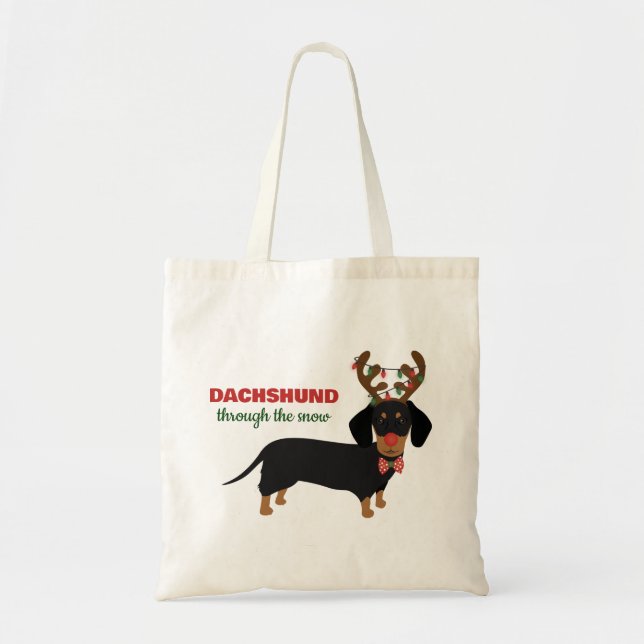 Dachshund Through Snow Cute Doxie Reindeer Dog Tote Bag (Front)