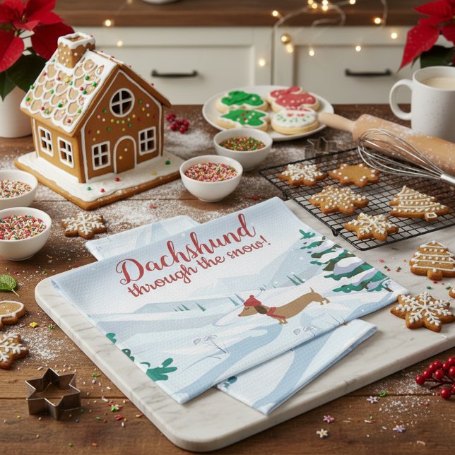 Dachshund Through the Snow Christmas Hand Towel (Dachshund through the snow kitchen dish towel - hostess gift or white elephant gift)