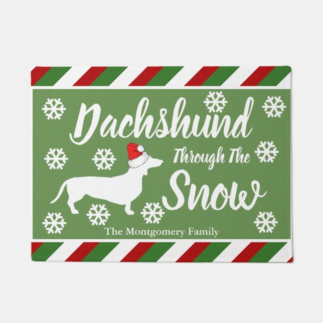 Dachshund Through The Snow Christmas Stripes Doormat (Front)
