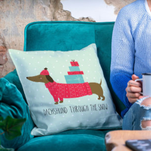 Dachshund Through The Snow Cute Christmas Dog Fun Throw Pillow