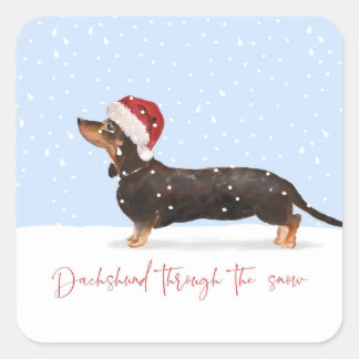 DACHSHUND THROUGH THE SNOW Cute Holiday Square Sticker
