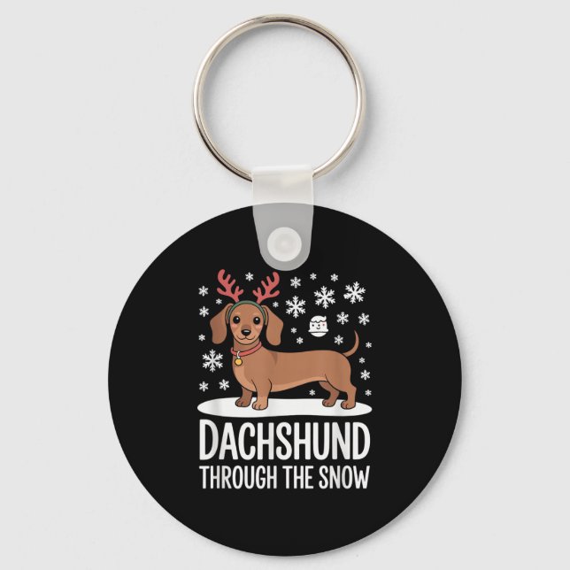 Dachshund Through The Snow Cute Reindeer Christmas Keychain (Front)