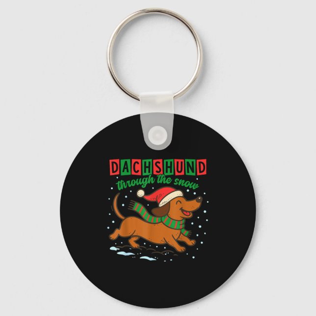 Dachshund Through The Snow Funny Christmas Wiener  Keychain (Front)