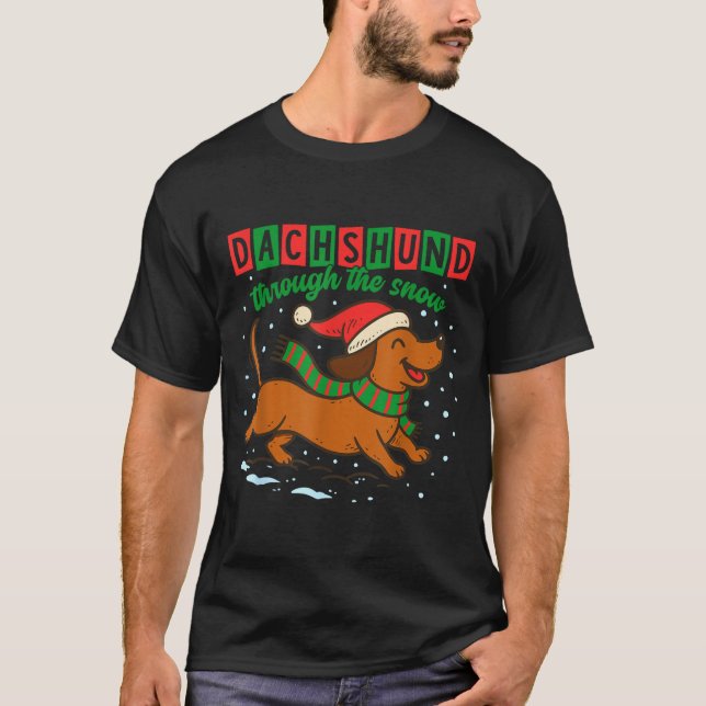 Dachshund Through The Snow Funny Christmas Wiener  T-Shirt (Front)