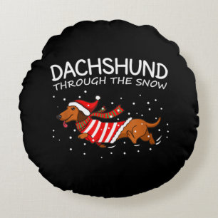 Dachshund Through The Snow Funny Dog Christmas Round Pillow