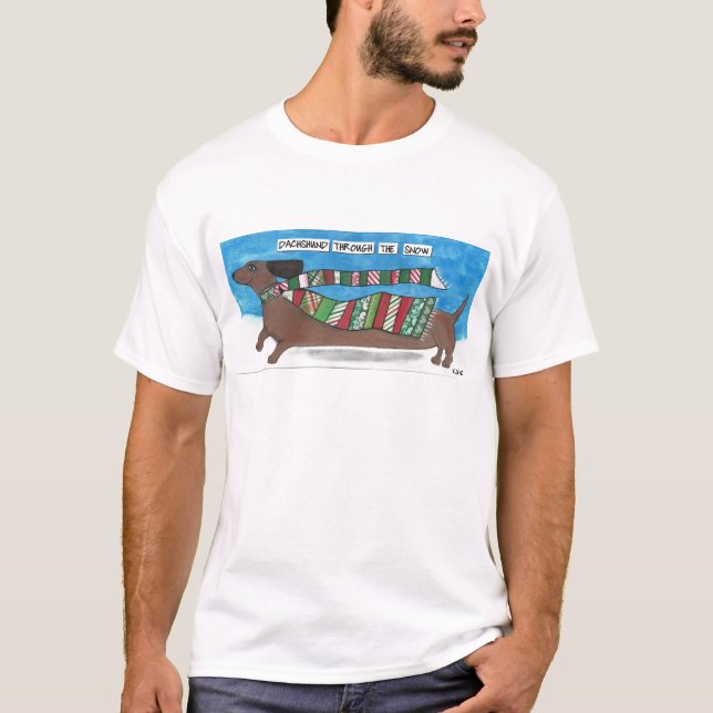 Dachshund Through The Snow - Funny Doxie Christmas T-Shirt (Front)