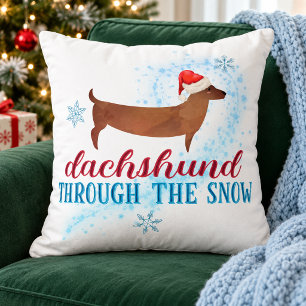 Dachshund Through the Snow Santa Dog Christmas Throw Pillow