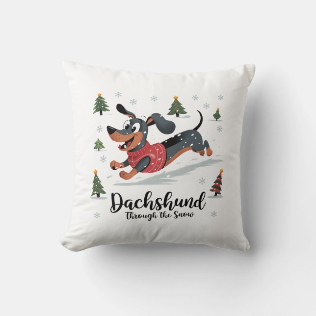 Dachshund Through the Snow Throw Pillow (Front)