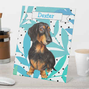 Dachshund Turquoise Aqua Leaves Desk Sign