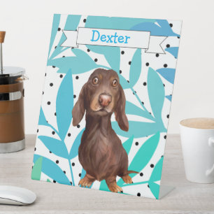 Dachshund Turquoise Aqua Leaves Desk Sign