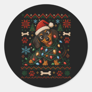 Dachshund Ugly Christmas Knit Dog Mom Santa Hat Classic Round Sticker