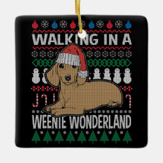 Dachshund Walking In A Weenie Wonderland Ceramic Ornament