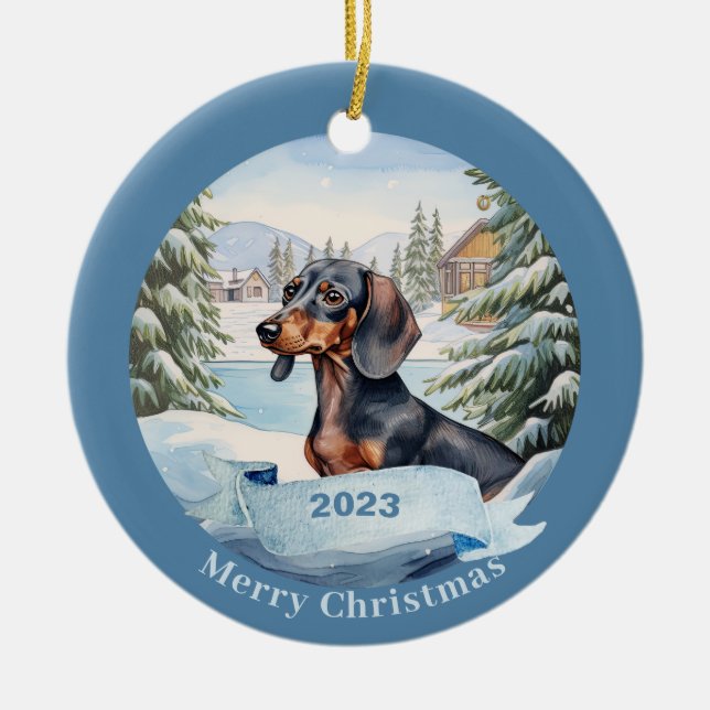 Dachshund Watercolor Dog Christmas Ceramic Ornament (Front)