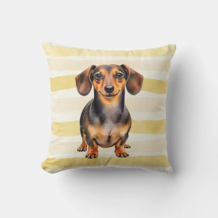Dachshund Watercolor Warm Stripe Art Throw Pillow