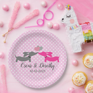 Dachshund Wedding Personalize Pink Kissing Doxies Paper Plate