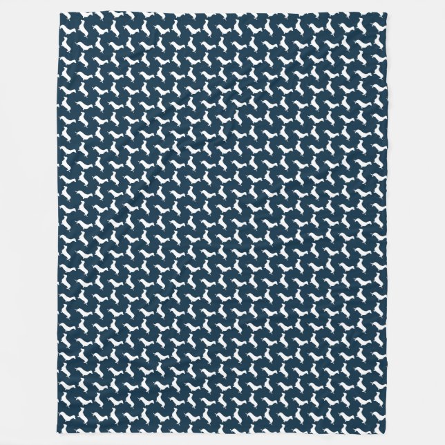 Dachshund White Silhouettes on Navy Blue Fleece Blanket (Front)