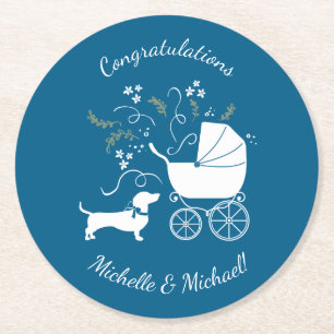 Dachshund Wiener Dog Baby Shower Blue Boy Round Paper Coaster