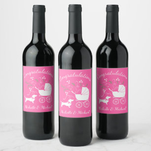 Dachshund Wiener Dog Baby Shower Pink Girl Wine Label