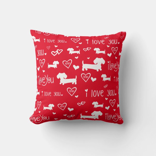 Dachshund Wiener Dog Love on Red Throw Pillow (Front)