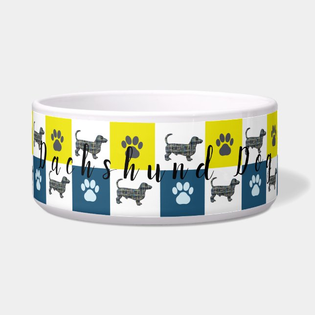 Dachshund Wiener Dog &Paw Silhouette Grid Dog Bowl (Front)