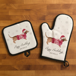 Dachshund Wiener Dog Winter Holiday Oven Mitt & Pot Holder Set