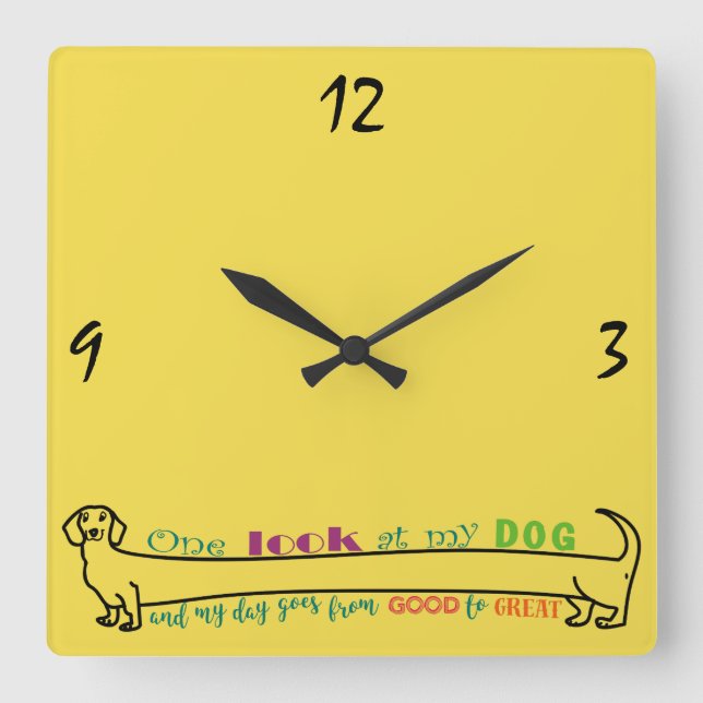 Dachshund Wiener Long Dog Funny Cute Simple Yellow Square Wall Clock (Front)