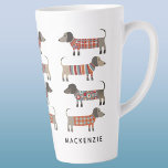 Dachshund Wiener Sausage Dog Personalized Latte Mug<br><div class="desc">Cute little Dachshund sausage or wiener dogs in woolly knitwear. Perfect for dog lovers. Modern typography name.  Original art by Nic Squirrell.  Change the name to customize.</div>