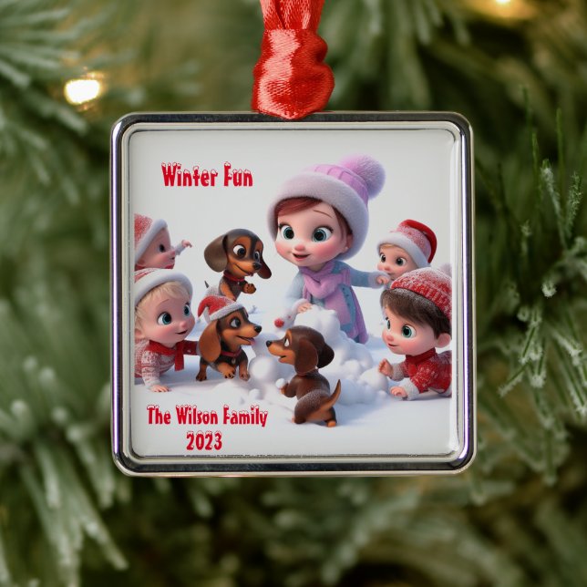 Dachshund Winter Family  Metal Ornament (Tree)