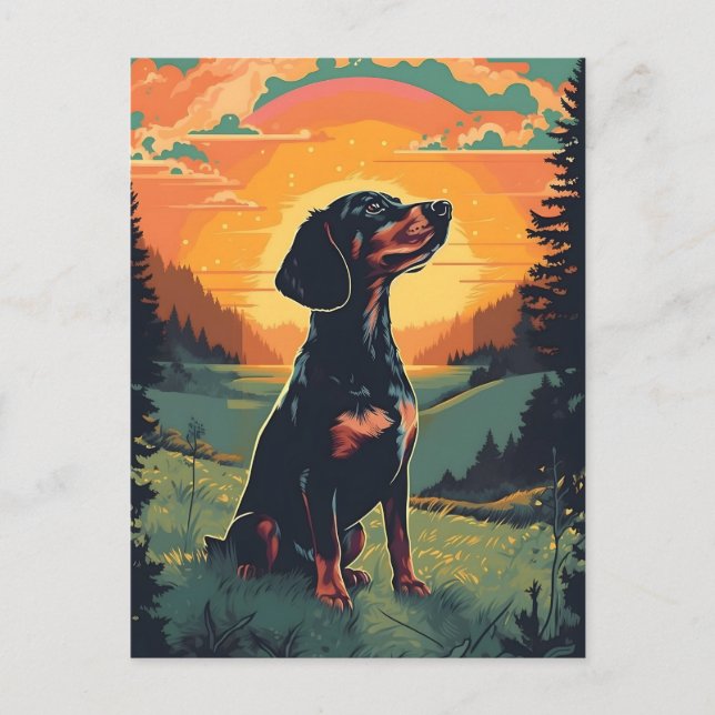 Dachshund winter mountain forest during sunset postcard (Front)