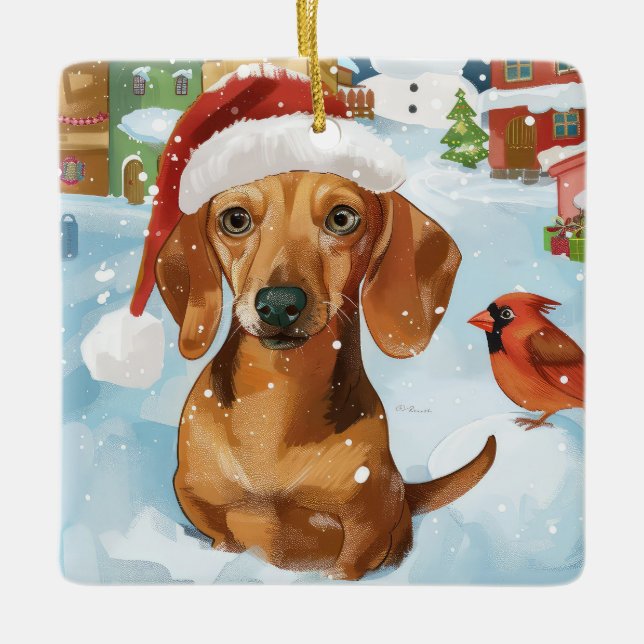 Dachshund Winter Wonderland Christmas Joy Ceramic Ornament (Front)
