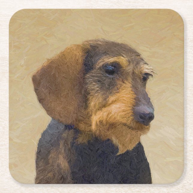 Dachshund (Wirehaired) Painting Original Dog Art Square Paper Coaster (Front)