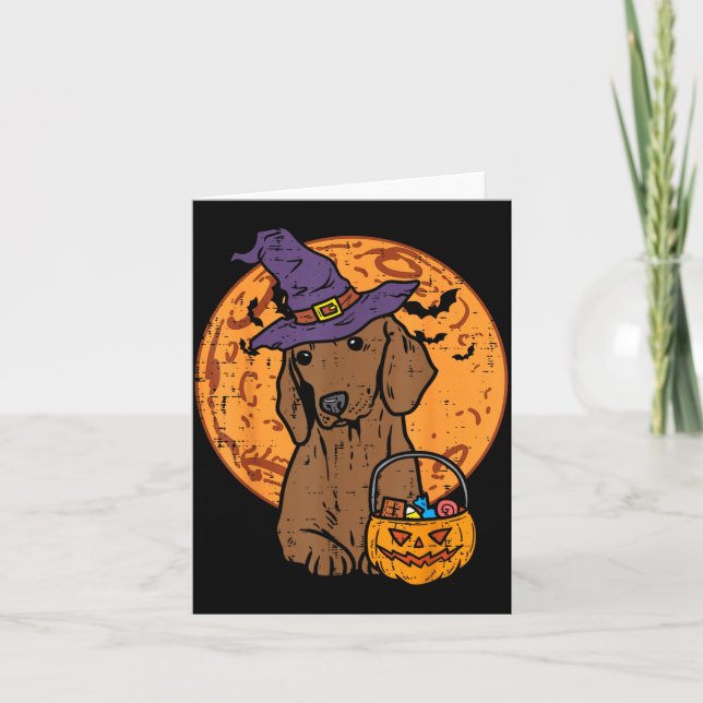 Dachshund Witch Moon Jack O Lantern Halloween Card (Front)